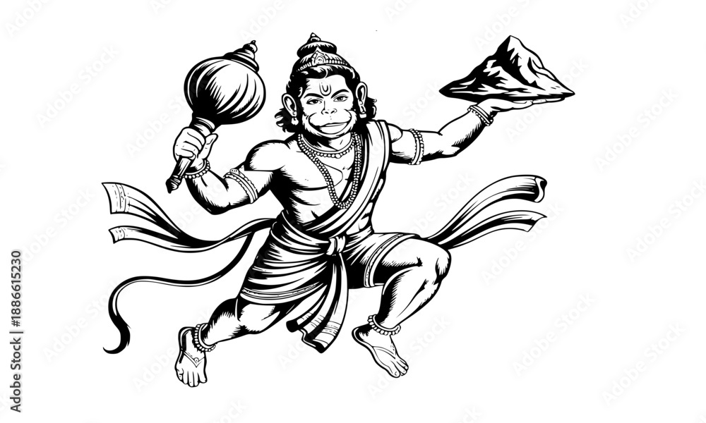 Fototapeta premium Lord Hanuman Carrying Dronagiri Mountain Silhouette Vector, Hindu Monkey God Bajrangbali with Gada Mace, Ramayana Epic Religious Illustration, Hanuman Jayanti Spiritual Graphic Art on White