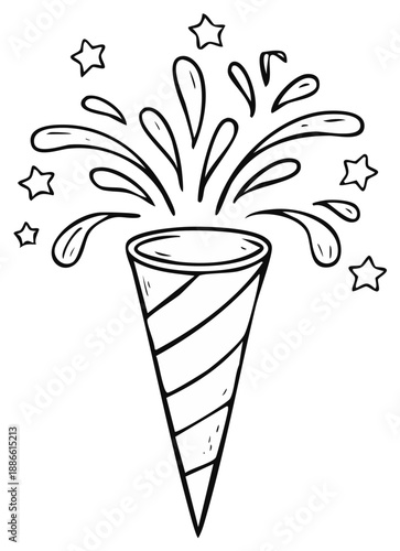 Party Popper Exploding with Confetti and Stars Line Art Doodle