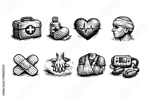 Hand-drawn medical icons depicting first aid, emergency care, and health symbols