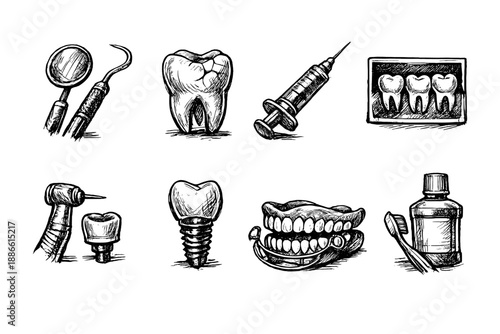 Hand-drawn dental icons depicting tools, teeth, and procedures for oral hygiene and care