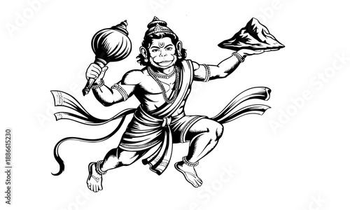 Lord Hanuman Carrying Dronagiri Mountain Silhouette Vector, Hindu Monkey God Bajrangbali with Gada Mace, Ramayana Epic Religious Illustration, Hanuman Jayanti Spiritual Graphic Art on White
