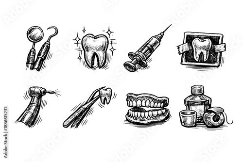 Hand-drawn dental instruments and tooth illustrations on a black background