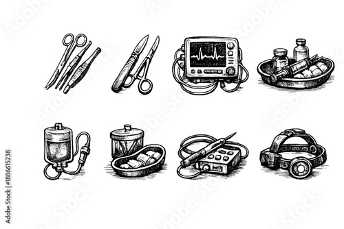 Collection of hand-drawn medical and surgical instruments and equipment on black background