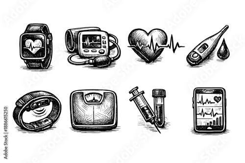 Hand-drawn medical icons collection: health monitoring devices and instruments