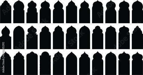 Collection of black tombstones in uniform grid pattern on white background.