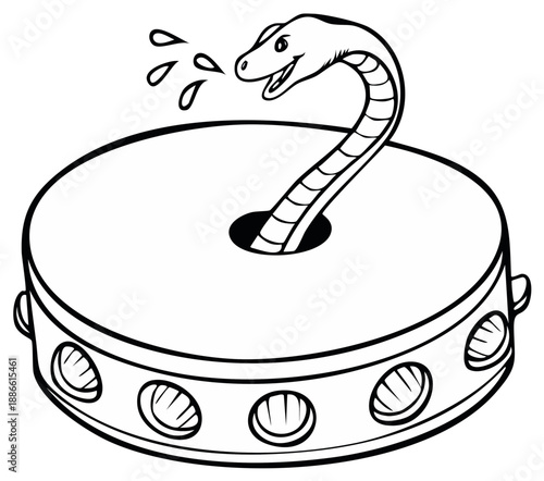 Stylized Snake Emerges From Perforated Musical Tambourine Drum