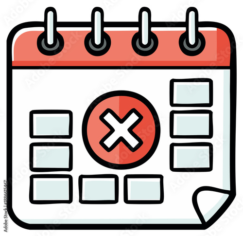 Cartoon calendar with red X mark, concept of cancellation, appointment canceled