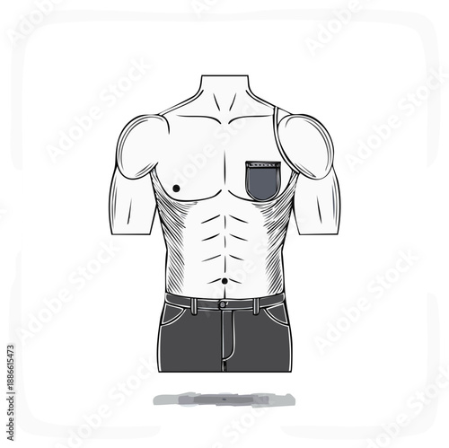 Mannequin of male torso and jeans, muscular with a pocket, fashion sketch