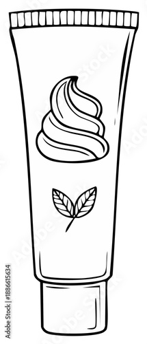 Line art tube dispensing cream with two green leaves illustration