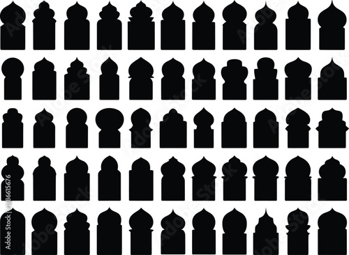 Collection of various black silhouettes of headstones on white background.