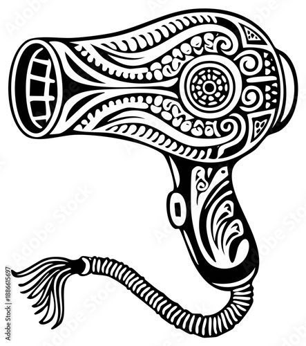 Ornate Hair Dryer Hand Drawn Design on White Background, Stylish Black Line Art Decoration