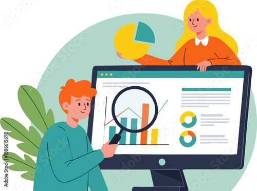 Two business professionals examining digital marketing data and financial analytics displayed on a large computer monitor screen