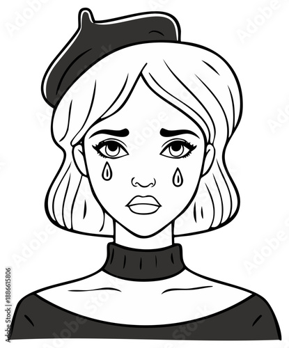 Sad woman portrait wearing beret with tears in eyes line art illustration