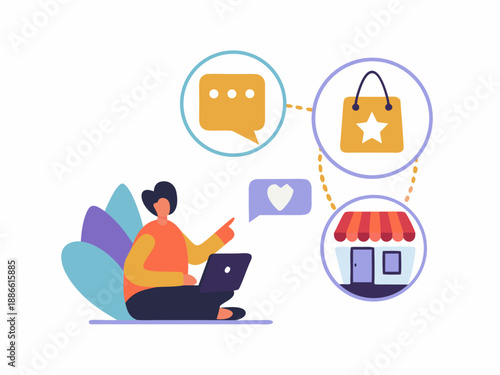 Secure online shopping with a woman using a laptop and digital icons