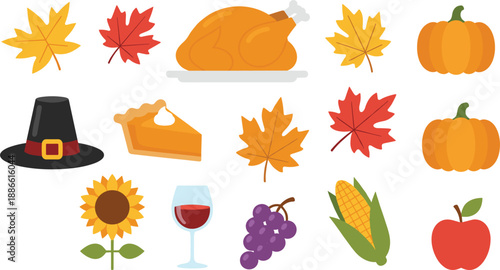 Thanksgiving and Autumn Illustration Set Featuring Turkey, Pumpkins, Fall Leaves, and Harvest Elements in Flat Vector Style