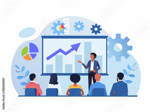 Business presentation with charts graphs and a speaker addressing an audience