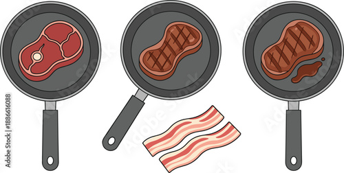 Steak Cooking Process Illustration Set Featuring Raw, Grilled, and Fried Beef with Bacon in Flat Vector Style