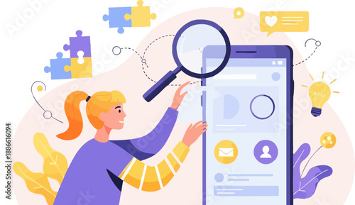 Young woman with magnifying glass intensely searching for information on a large mobile phone screen interface