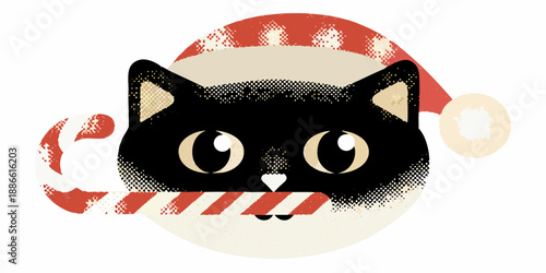 Festive black cat illustration with a santa hat and candy cane detail