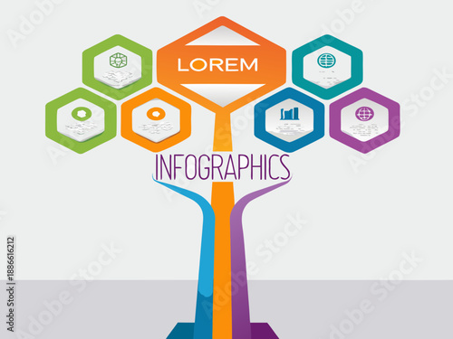 Colorful hexagon infographic design with branching structure and lorem ipsum text