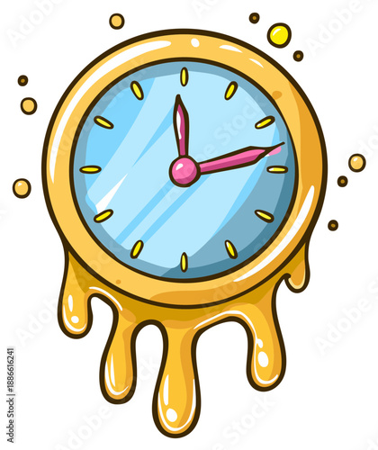 Cartoon melting clock with time passing concept and yellow drips, stylized illustration