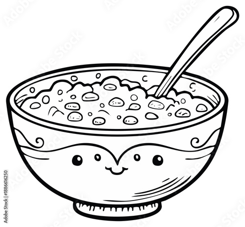 Cute Cartoon Bowl of Oatmeal with Spoon Black and White Vector Illustration