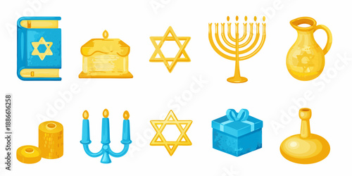 Hanukkah symbols a star of david menorah candles and gifts depicted