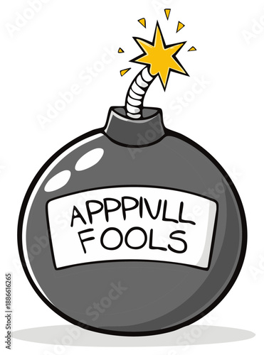 Cartoon bomb with a lit fuse and "Apppivll Fools" label, symbolizing danger or a prank.