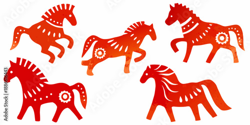 Stylized red horses with dotted patterns a folk art illustration