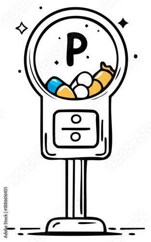 Cartoon illustration of a parking meter with pills inside, line art