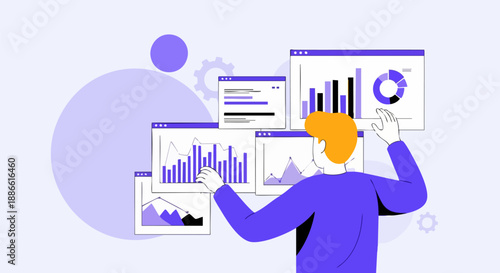 Business analyst interacting with multiple data visualization dashboards displaying various financial charts and statistics