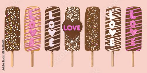A colorful arrangement of chocolate covered popsicle sticks spelling love