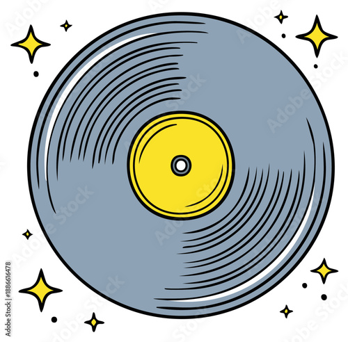 Retro pop art vinyl record illustration with sparkling grey disc and bright yellow label for music nostalgia