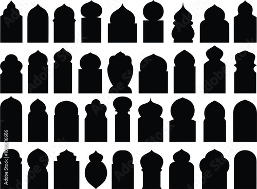 Collection of various black silhouettes of tombstones and gravestones.