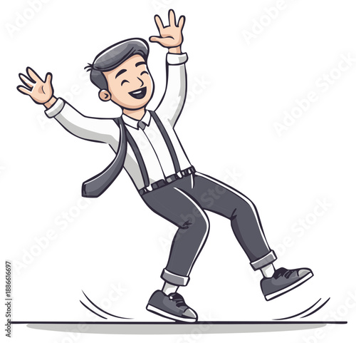 Joyful cartoon character in business attire with arms raised and a wide smile