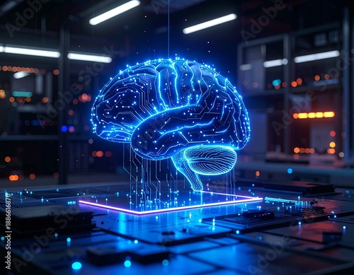 Glowing blue brain-shaped network on circuit board, symbolizing artificial intelligence and futuristic technology, 3D rendered in neon-lit laboratory setting.