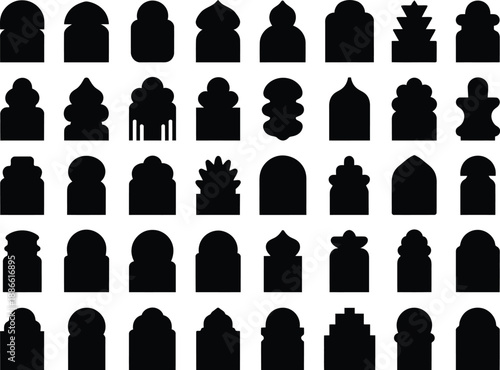 Collection of various black silhouettes of chess pieces on a white background.