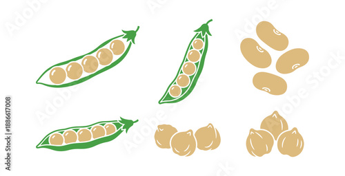 A bunch of Icons showcasing Bean Pods and Seeds, like Green Peas and Chickpeas, which are Natural Vegetables. Kidney Harvest, Healthy Food set against a White Background. Organic Veggies