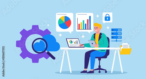 Data analyst examining complex business statistics and cloud computing services using a modern laptop computer