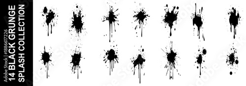 Ink splashes and drops. Grunge ink splatter, liquid drip splash, black blots and splashes. Artistic ink spots  illustration set. 