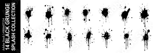 Ink drops and splashes. Blotter spots, liquid paint drip drop splash and ink splatter. . 