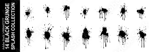 Ink drops and splashes. Blotter spots, liquid paint drip drop splash and ink splatter. Artistic dirty grunge abstract spot  set. Illustration monochrome drip splash, splat 