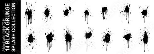Ink drops and splashes. Blotter spots, liquid paint drip drop splash and ink splatter. Artistic dirty grunge abstract spot  set. Illustration monochrome drip splash, splat 