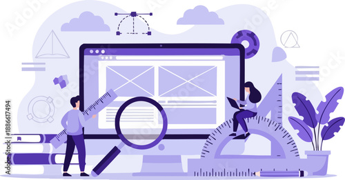 Digital designers collaborating closely on a website interface layout using various measurement tools and magnifying glass.