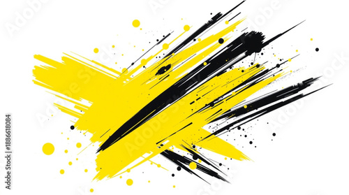 Dynamic abstract design with bold yellow and black paint brush strokes and splatters on a white background, creating an energetic visual effect.