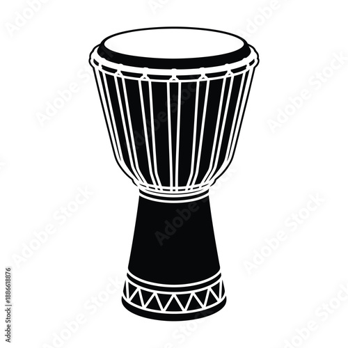 Simple black and white illustration of a traditional djembe drum