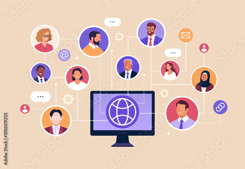 Business Networking. Vector illustration of online professional network with diverse people connected through digital platform. Concept of communication, remote collaboration, and global connections.