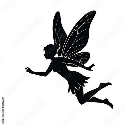 A graceful silhouette of a winged fairy in mid flight facing right