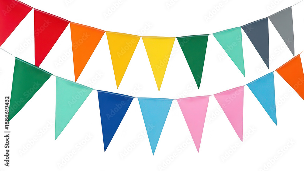 Fototapeta premium Colorful triangular bunting flags hanging in a row on transparent background