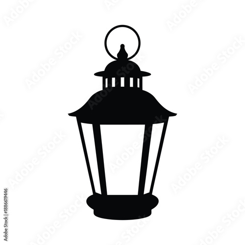 Simple black silhouette of a vintage hanging lantern with a halo